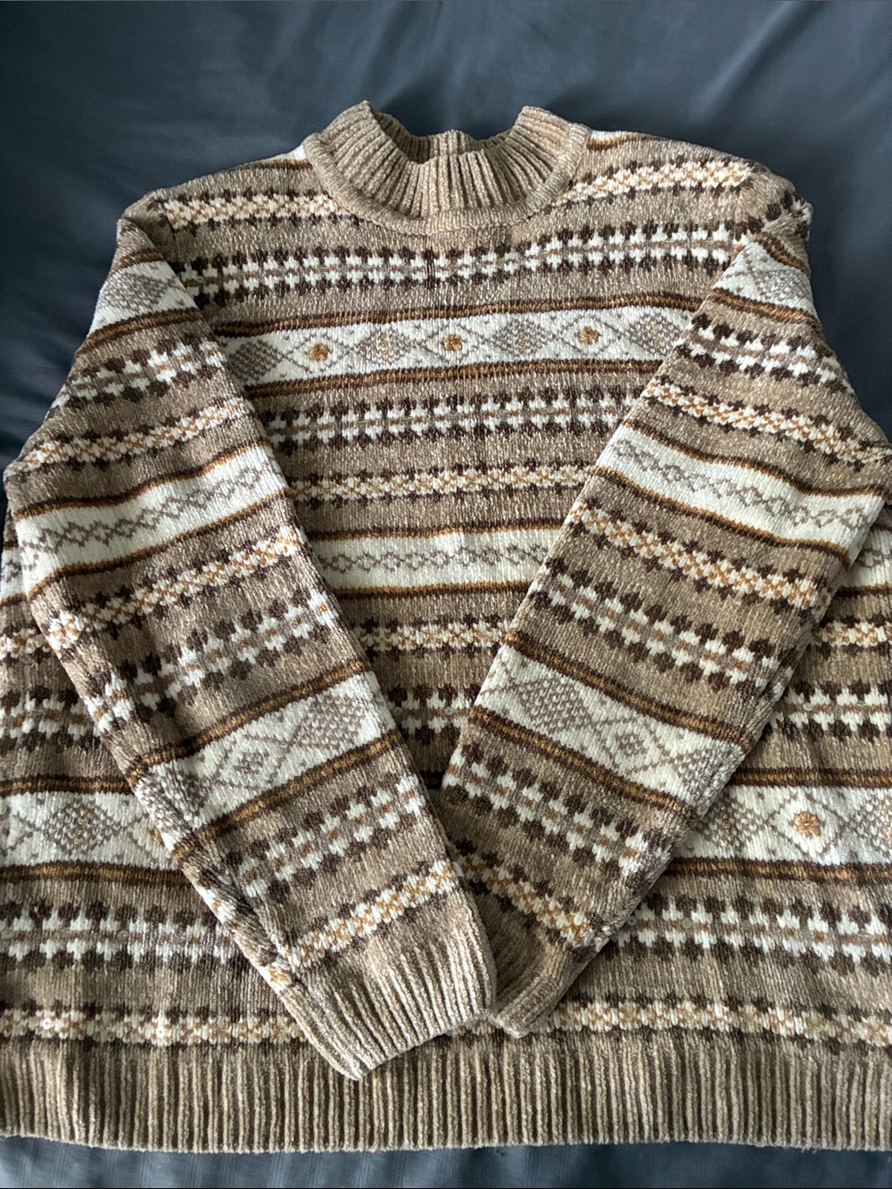 Alfred Dunner Brown and Cream Patterned Crewneck Sweater